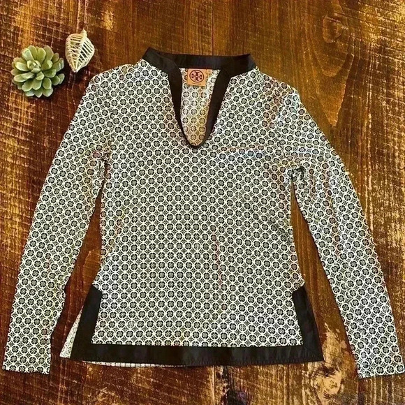 Tory Burch | Cream & Brown Print Scoop Neck Blouse, 100% Silk Shell - Picture 2 of 6